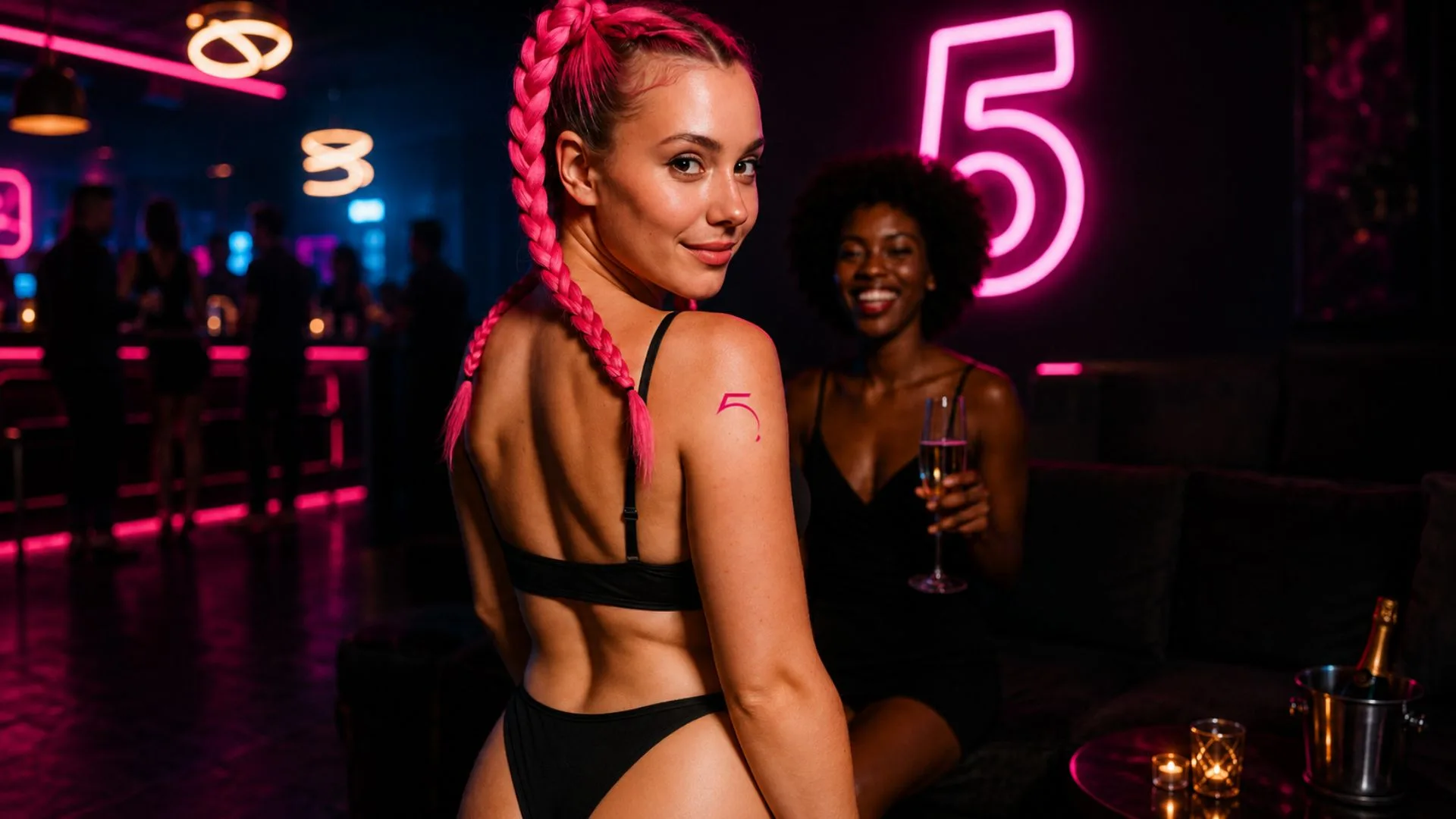 KI-Frau mit pink Zopf vor Neon-5